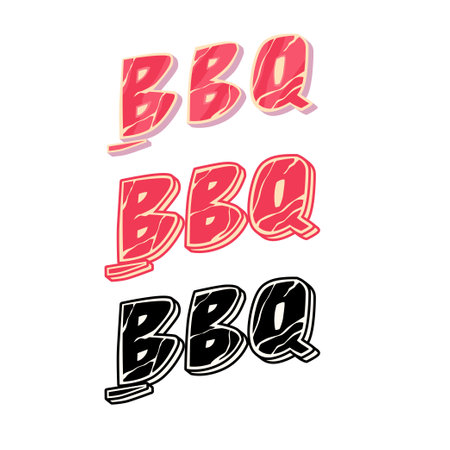 Various options for BBQ lettering. Grilling meat, design element. The headline is in the shape of a steak. Illustration for meat products.のイラスト素材