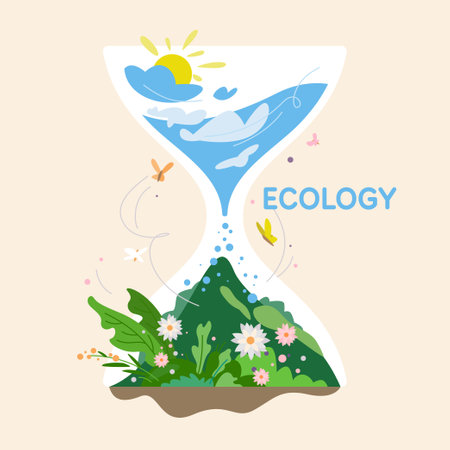 A poster on the topic of ecology. The illustration shows a beautiful and clean nature. A summer landscape with mountains and plants.のイラスト素材