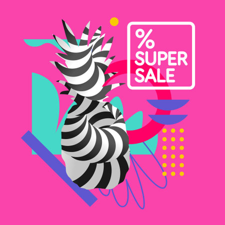 Super summer sale. Abstract background with pineapple and geometric shapes. Vector illustrationのイラスト素材