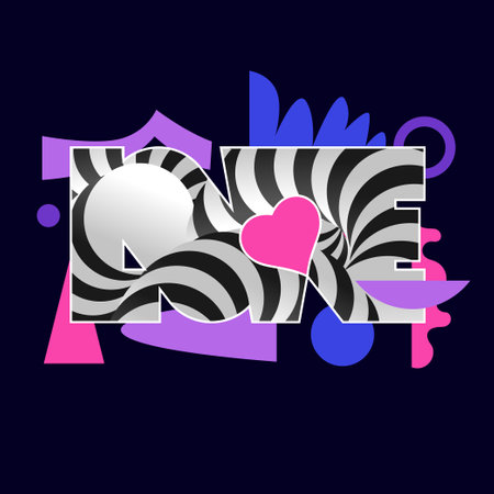 The inscription is love in a bright defiant style with various geometric elements. Fashionable modern flashy design. Vector graphics for creativity.のイラスト素材