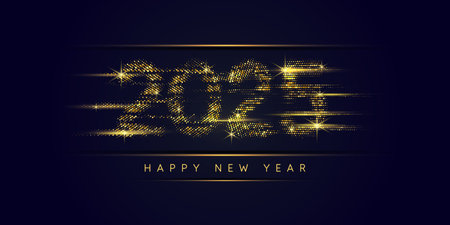 Background with the inscription Happy New Year 2025. Vector illustration in flat flat style. Luxurious glitter inscription for the poster. Sparkling festive numbers on a dark background.のイラスト素材
