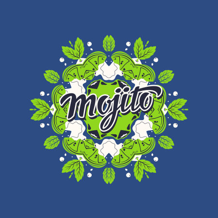 Modern hand drawn lettering label for alcohol cocktail Mojito. Handwritten descriptions for layout and template. Vector illustration of text.のイラスト素材