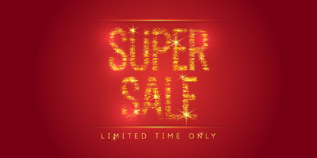 Super Sale. Glowing golden glitter text on red background. Vector illustration.のイラスト素材