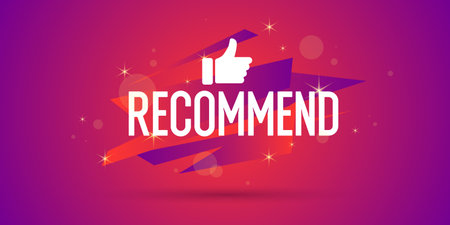 A poster with the inscription recommend and a thumbs up. An illustration for a product recommendation. Elements for the design. Modern vector graphics.のイラスト素材