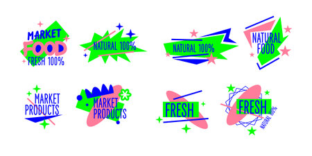 An isolated image in the background. Vector graphics. Illustration of a healthy diet. A set of different food labels. Trendy modern graphics in geometric style. Youth illustration.のイラスト素材