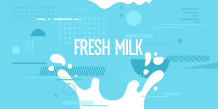 Modern poster fresh milk with splashes on a background. Vector illustration in flat minimalistic style. A poster for advertising dairy products.のイラスト素材