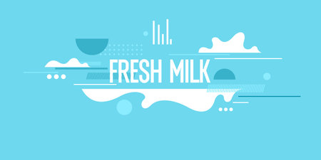 Modern poster fresh milk with splashes on a background. Vector illustration in flat minimalistic style. A poster for advertising dairy products.のイラスト素材