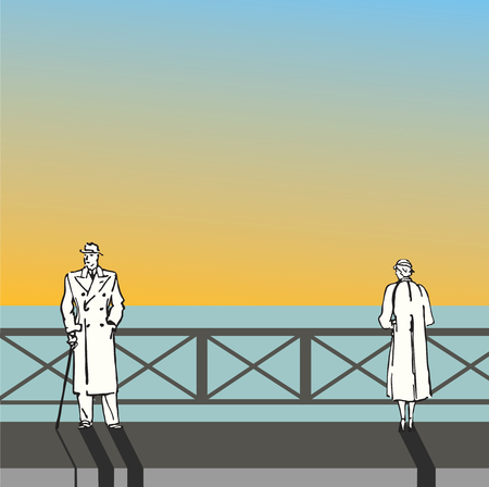Man and Woman in a quarrel on the waterfront at sunset のイラスト素材