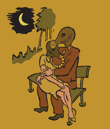 man and woman sitting on a bench in gas masksのイラスト素材