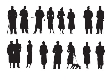 Set of silhouettes of Characters in winter clothes Retroのイラスト素材