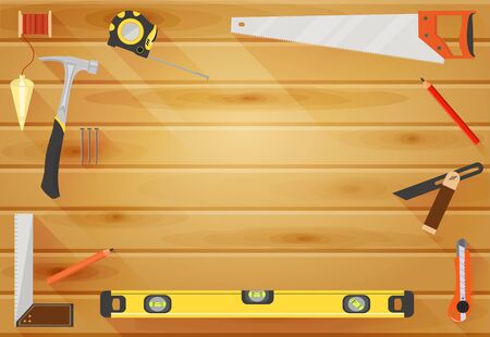 Vector Carpenter or construction background with tools like hammer, saw, angel, level and measuring tape, wooden plank with space for text in centerのイラスト素材