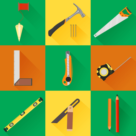 Vector Carpenter set of icons of construction Tool. flat icons with tools like hammer, saw, angel, level and measuring tapeのイラスト素材