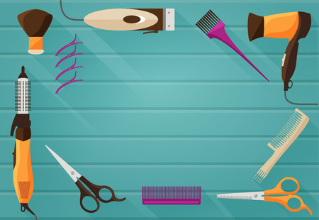Vector illustration of flat background with Tools for Hairdressing salon or Barbershop such as comb, hairclipper, hairdryer, scissorsのイラスト素材