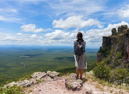 boundless expanse. view from mountains. Person girl standing on top. Santiago. Chiquitania Bolivia Stock photoの写真素材