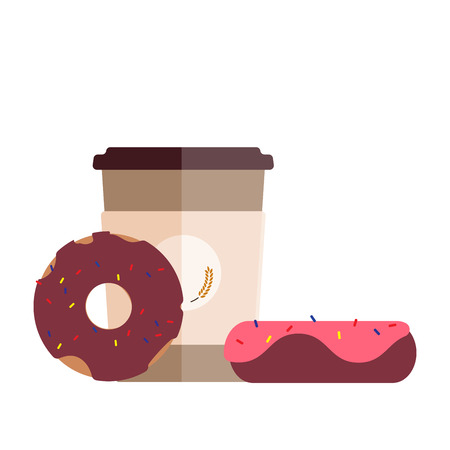 Fresh coffee cup and delicious donuts. Flat designのイラスト素材