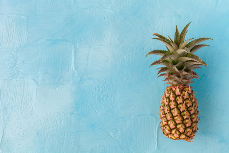 Pineapple with green stem, on blue background. Large space for text. flat layoutの写真素材