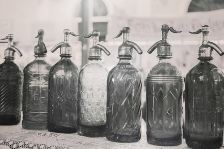 Antique Siphons bottles Glass in Flea Market, Buenos Aires, Argentina. filter mappingの写真素材
