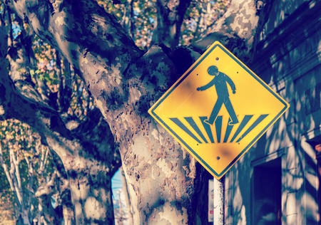 Warning traffic, Pedestrian road sign yellow squareの写真素材
