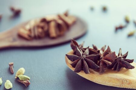 Dry Star anise clove cinnamon and cardamom on a brown wooden spatula. Natural food spices and seasonings. Tasty eating. Close-up.の写真素材