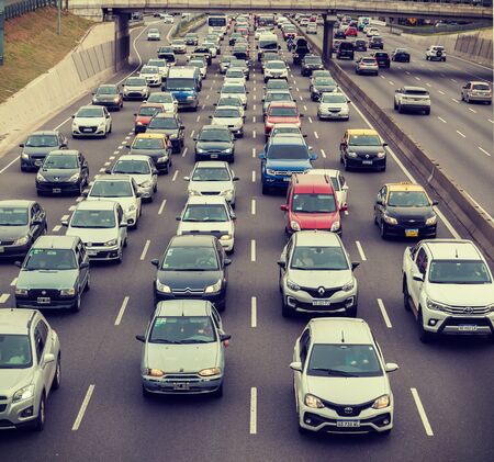 Buenos Aires - Aug. 29, 2019. Traffic jams in Buenos Aires on Aug. 29, 2019. There are a millions cars on Buenos Airess streetsのeditorial素材