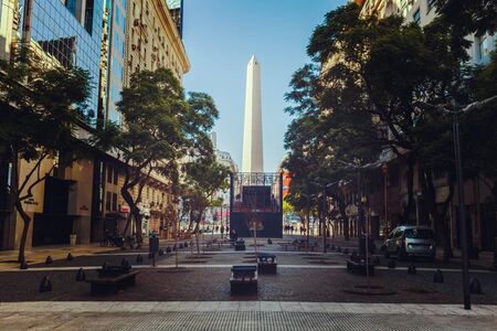 Obelik at Buenos Aires City. May 21, 2019, Argentina. narrow cozy streets of Buenos Aires with a view of the obeliskのeditorial素材
