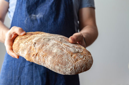 Baker dressed in an apron holds an Italian classic Ciabatta breadの写真素材