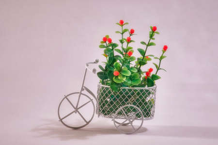 Flowers in a basket of a toy bike on a gray background. Soft light.の写真素材