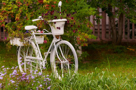 The white bicycle in the garden is decorated with flowers. Blurred background.の写真素材