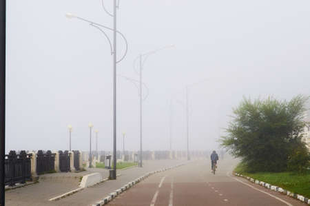 Tracked Asphalt-placing machine on an empty road in the fog. Trees in the blurred background.の写真素材