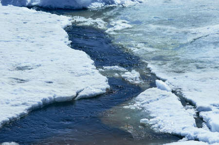 Border zone. Spring ice drift. View of China from Russia. Birds over the Amur River. Construction...