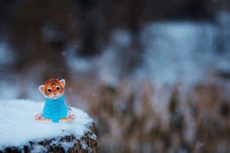 A figurine of a tiger on a forest stump. Striped handsome man in a blue sweater on a blurred background. Snowing. Selective focus.の写真素材