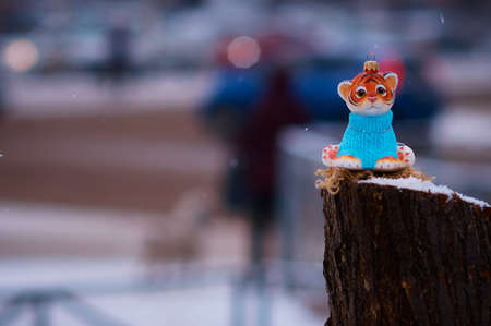 Tiger cub in a blue sweater on a stump in winter. Toy for the Christmas tree. Snowing. City street with transport in strong blur. Tiger is the symbol of 2022 on the Chinese calendar. Selective focus.の写真素材
