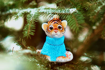 Red Tigris on a snowy christmas tree branch. Tiger symbol of the new 2022 year. Merry Christmas. Happy New Year.の写真素材