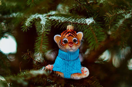 Red Tigris on a snowy christmas tree branch. Tiger symbol of the new 2022 year. Merry Christmas. Happy New Year.の写真素材