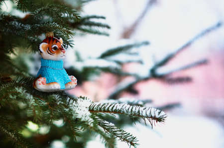 Red Tigris on a snowy christmas tree branch. Tiger symbol of the new 2022 year. Merry Christmas. Happy New Year.の写真素材