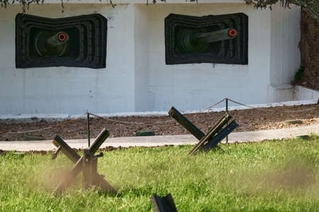 Artillery caponier No. 180. Open-air museum. Defensive structures in the far east. Military fortifications. Anti-tank hedgehogs. Summer sunny day.の写真素材
