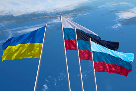 Flags of Ukraine, Russia, Donetsk Peoples Republic and Lugansk Peoples Republic. The Donetsk and Lugansk Peoples Republics are partially recognized state entities in Europe.の写真素材