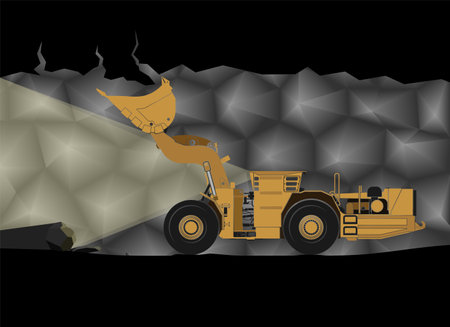 Realistic color icon of a loading and delivery vehicle in a mine. Loader with a raised bucket. Rips off a dangerous mountain range.Vector.のイラスト素材