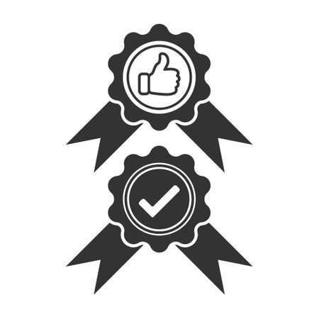 Vector flat print icon with thumb up and check mark. Sign of approval and like. Emblemのイラスト素材