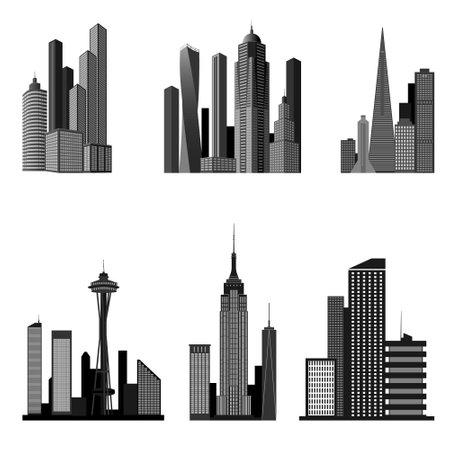 Set of icons for buildings and skyscrapers. Isolated signs of high-rise buildings. The Empire State Building, Space Needle, The Pyramid Of The Transamerica Buildingのイラスト素材