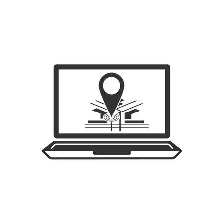 The laptop icon with the geolocation detection sign on the mapのイラスト素材