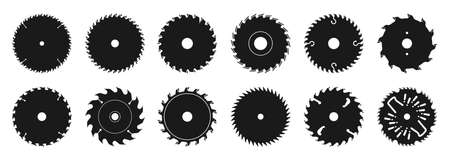 Vector set of icons of metal disks for a circular saw. a cutting tool in the form of a flat metal disk, on the outer edge of which there are teeth.のイラスト素材