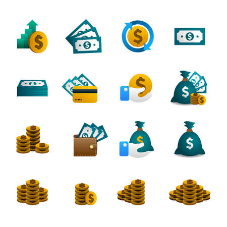 Vector set of money and finance icons. A dollar coin, a bundle of money, a wallet, financial symbols of banknotes. Spread out coins in a column. Bag with money and coins background.のイラスト素材