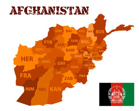 Detailed vector silhouette of Afghanistan and its provinces with abbreviated names. Outline of the state border on a white background.のイラスト素材