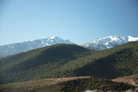 Forest and mountain landscape with blue sky backgroundの写真素材