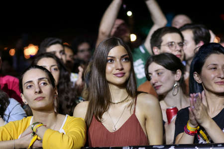 Audience with hands raised at a music festival and lights streaming down from above the stage. Soft...