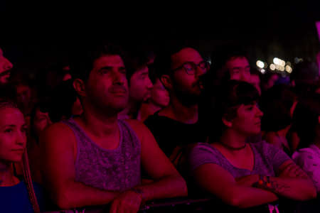 Audience with hands raised at a music festival and lights streaming down from above the stage. Soft...