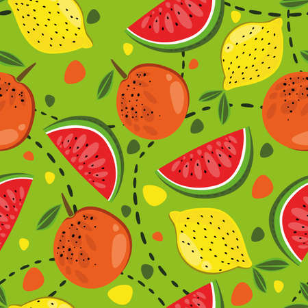 Seamless fruit pattern, on a light green background with figures. Suitable for decorating clothes,...