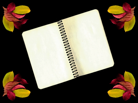 Autumn colorful leaves on a black background. Opened notebook in autumn leaves.の写真素材