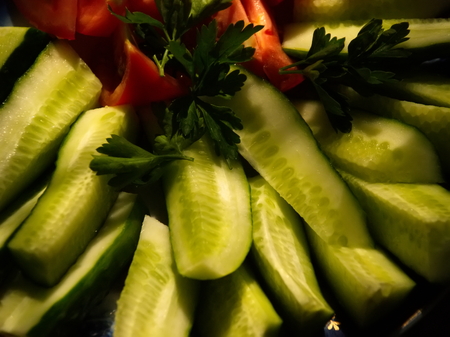 Fresh salad from sliced cucumbers. Vegetable salad.の写真素材